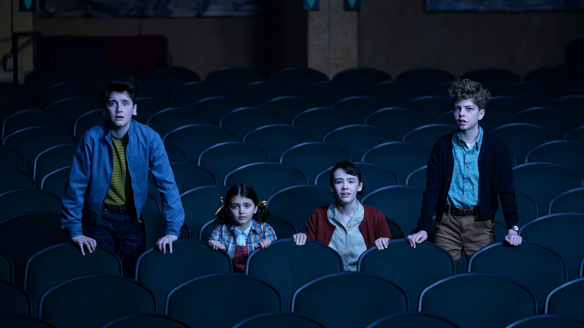 Some of the young cast of IT: Welcome to Derry, including Phil (Jack Molloy Legault), Lilly (Clara Stack), and Teddy (Mikkal Karim-Fidler).