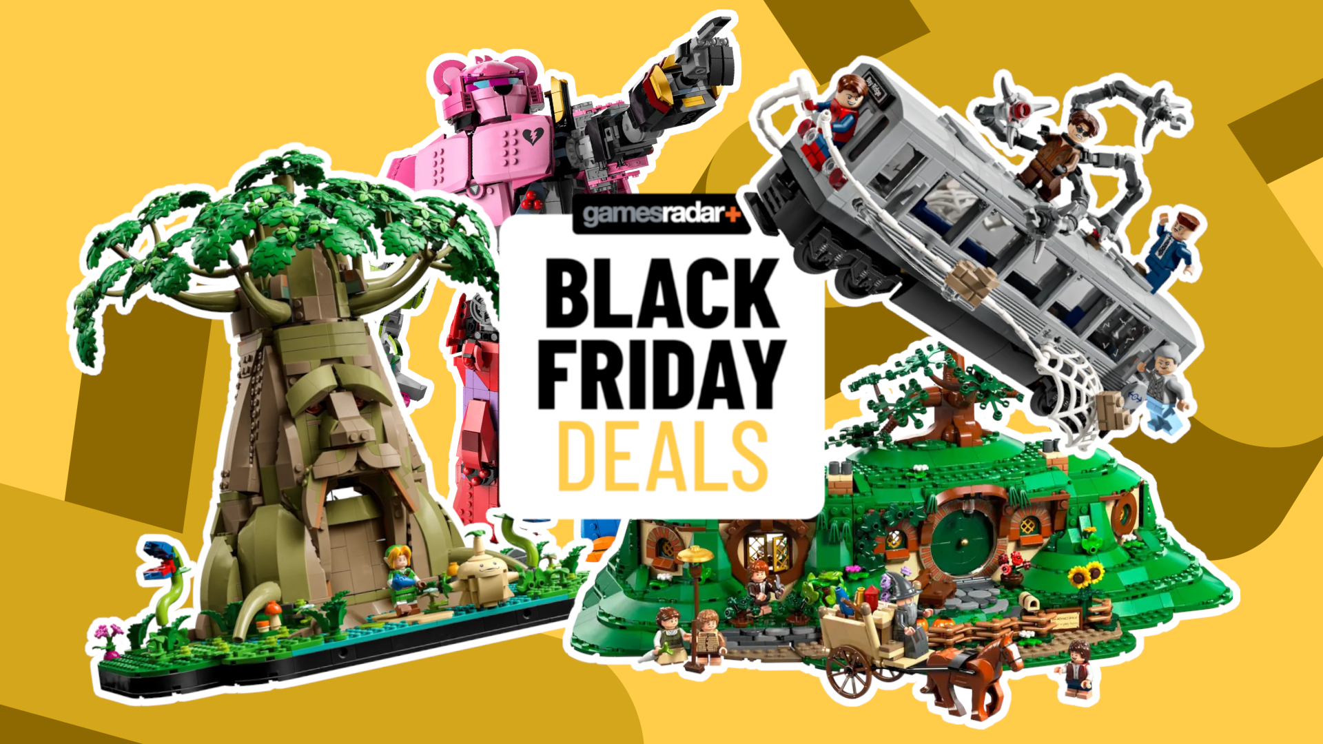 Lego Deku Tree, Mecha Team Leader, Spider-Man Subway Train Battle, and Bag-End sets on either side of a GamesRadar+ Black Friday deals badge, all against a yellow background