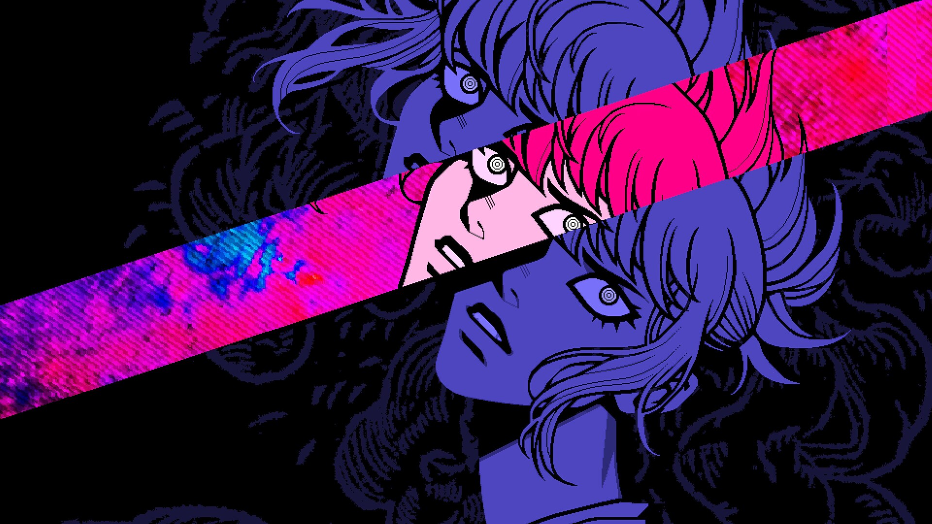 Keyart for Demonschool showing Faye's face split into pieces for artistic effect