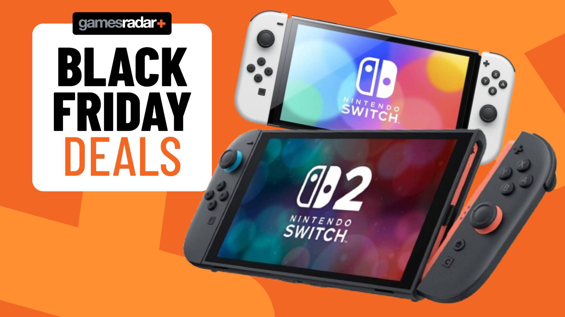 Official product image of the Switch 2 and OLED Switch on an orange GamesRadar+ background.