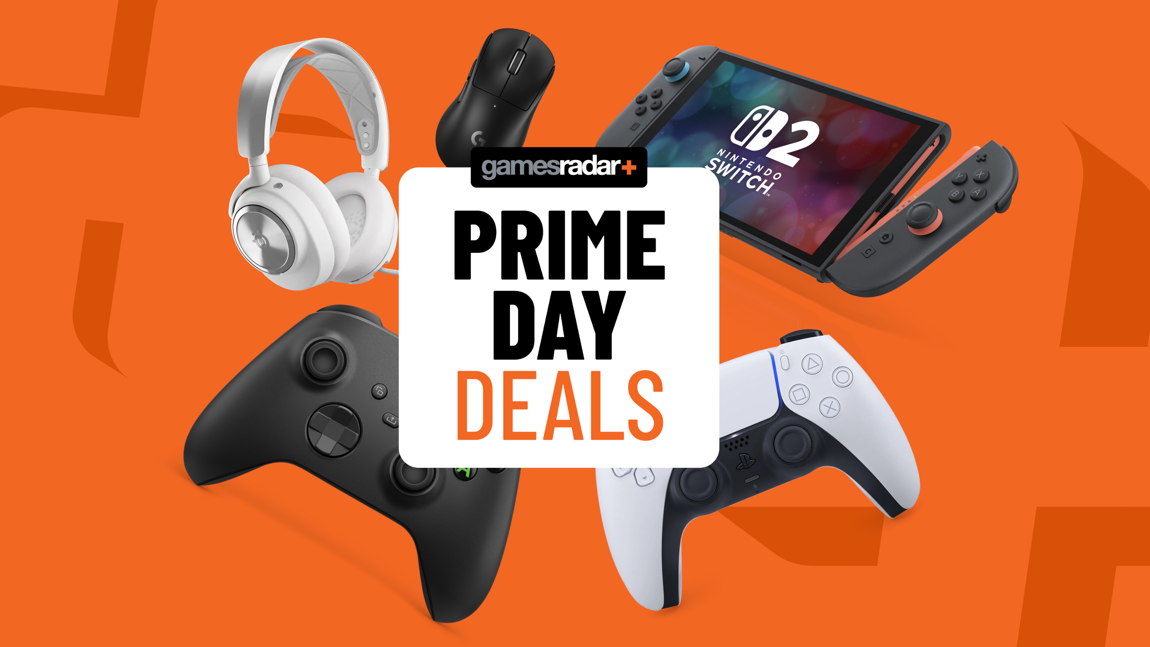 Xbox, PS5, and Nintendo Switch accessories on an orange background with Prime Day deals badge